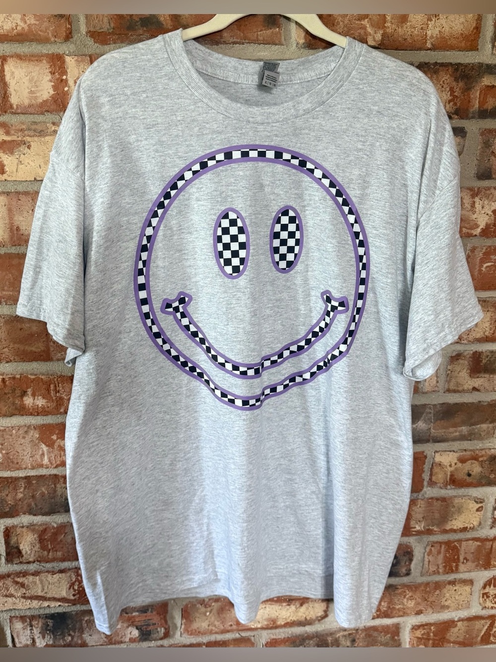 Gildan Gray Tee with Purple & Black Checker Smiley Graphic
